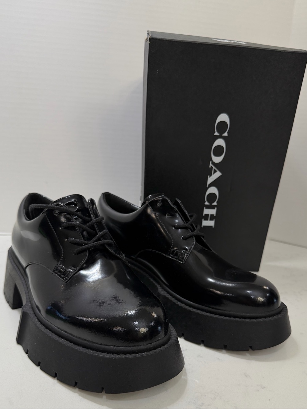 Coach Black Patent Lace-Up Platform Lug Heel Shoes